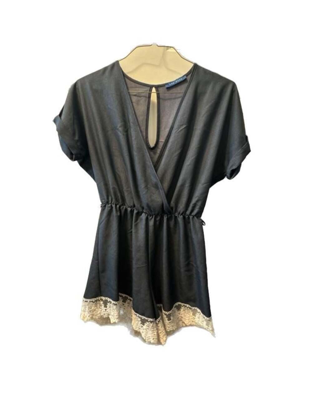 Lac Bleu Navy Blue V-Neck Romper with Lace Hem Detail